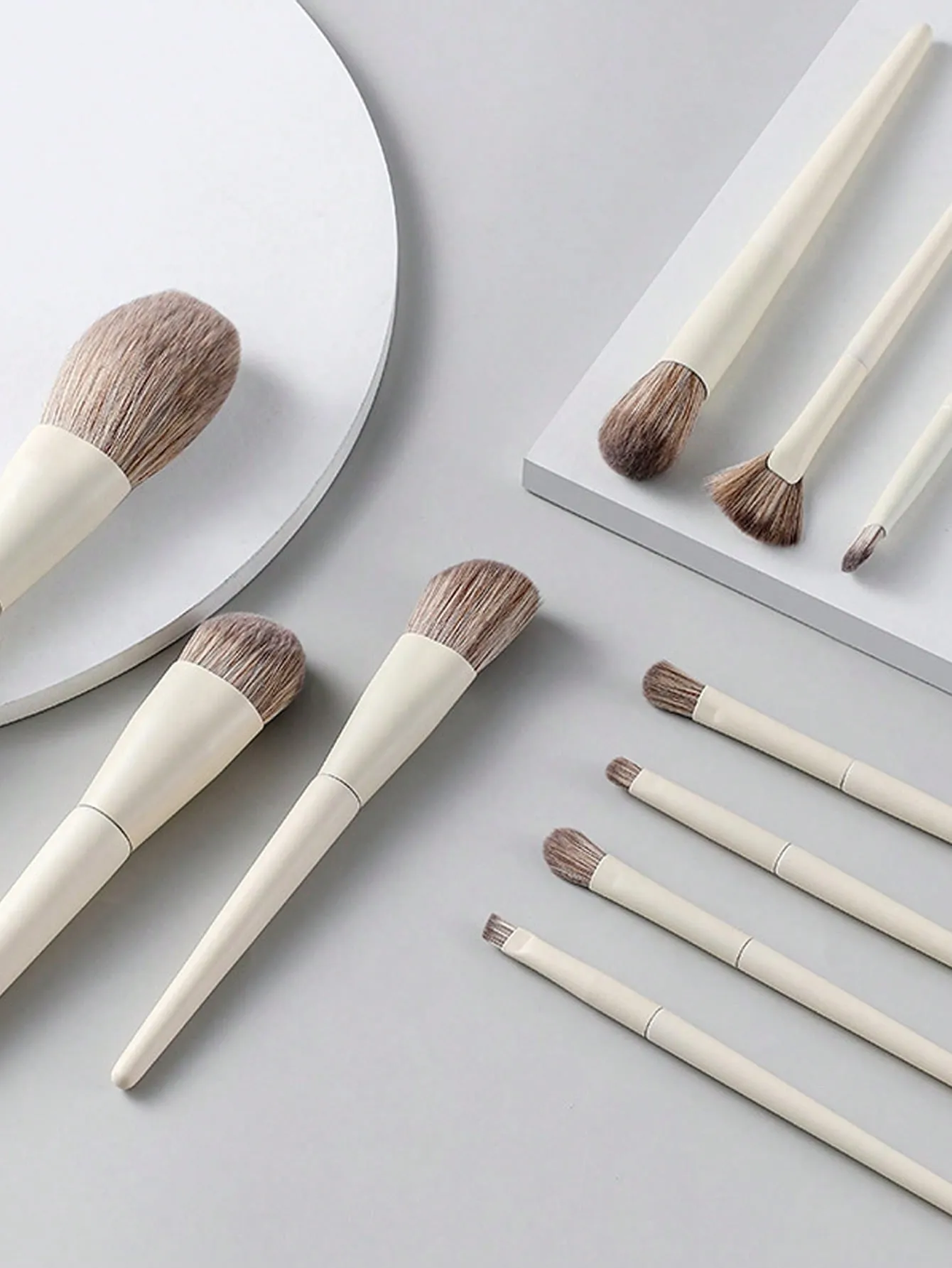 10pcs/Set Beige Makeup Brush Set, Including Fan Highlight Brush