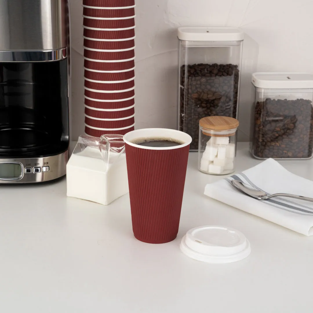 16 oz Crimson Paper Ripple Wall Coffee Cup - with White Lid - 3 1/2" x 3 1/2" x 6 1/4" - 20 count box