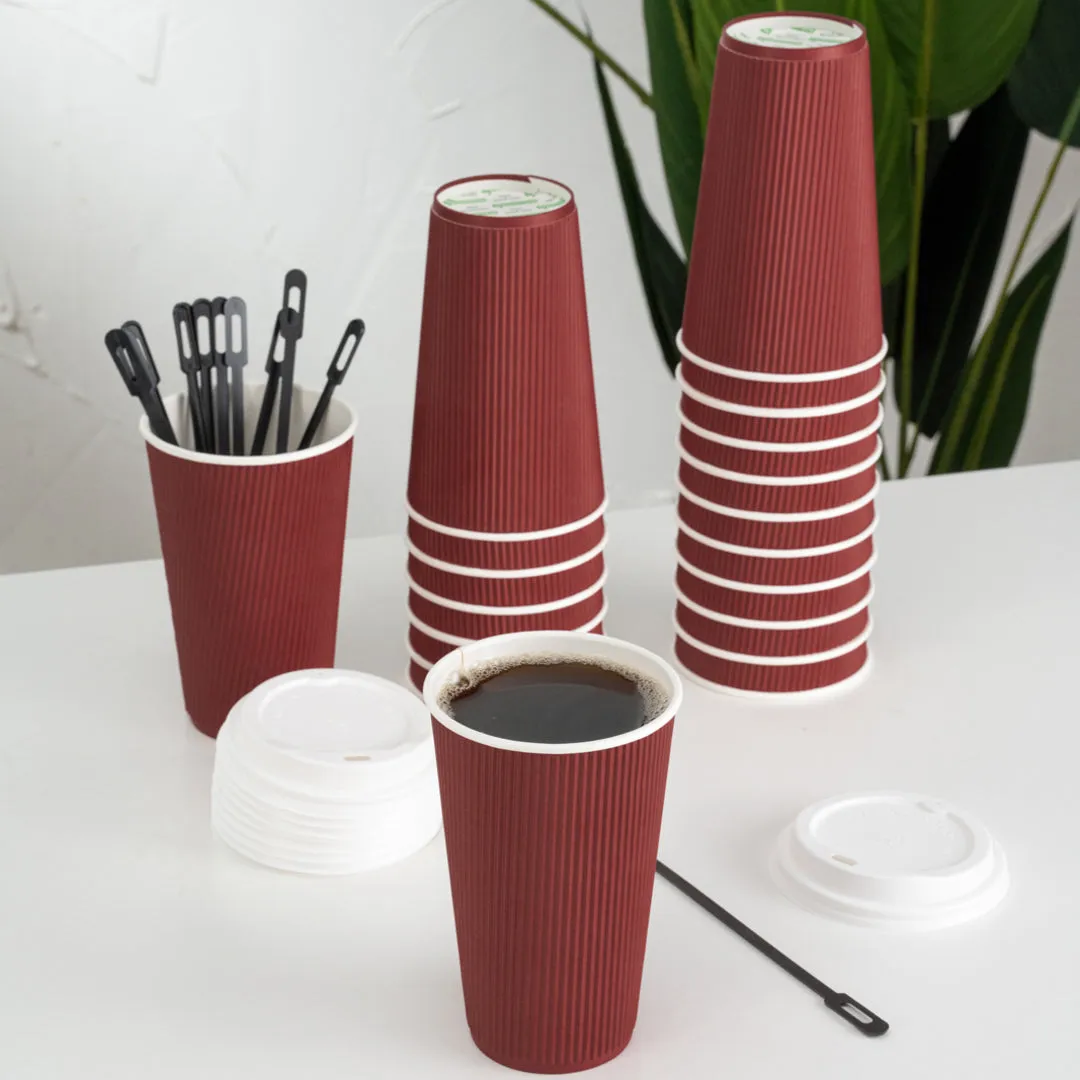 16 oz Crimson Paper Ripple Wall Coffee Cup - with White Lid - 3 1/2" x 3 1/2" x 6 1/4" - 20 count box