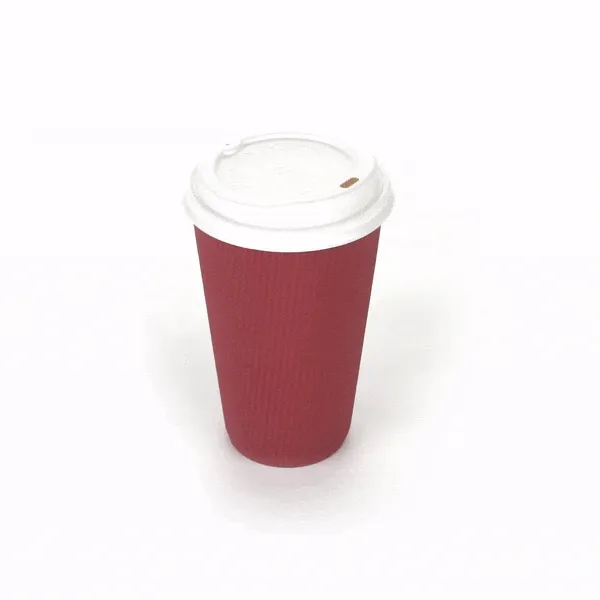 16 oz Crimson Paper Ripple Wall Coffee Cup - with White Lid - 3 1/2" x 3 1/2" x 6 1/4" - 20 count box