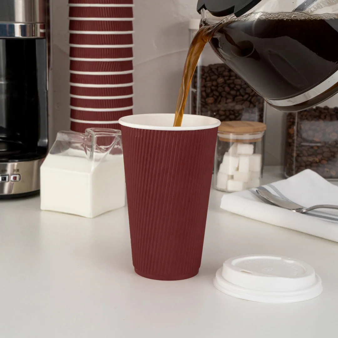 16 oz Crimson Paper Ripple Wall Coffee Cup - with White Lid - 3 1/2" x 3 1/2" x 6 1/4" - 20 count box