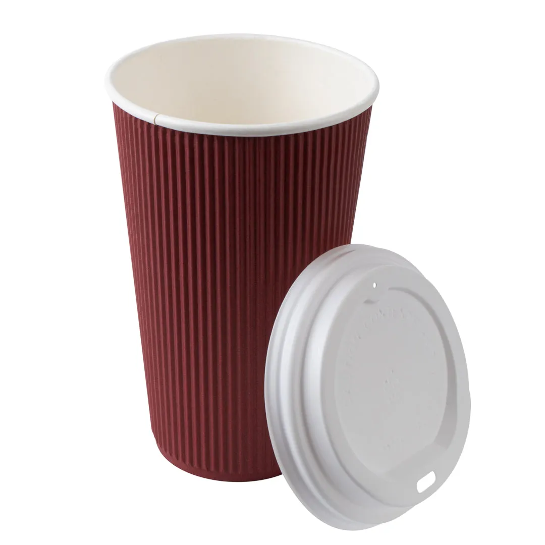 16 oz Crimson Paper Ripple Wall Coffee Cup - with White Lid - 3 1/2" x 3 1/2" x 6 1/4" - 20 count box