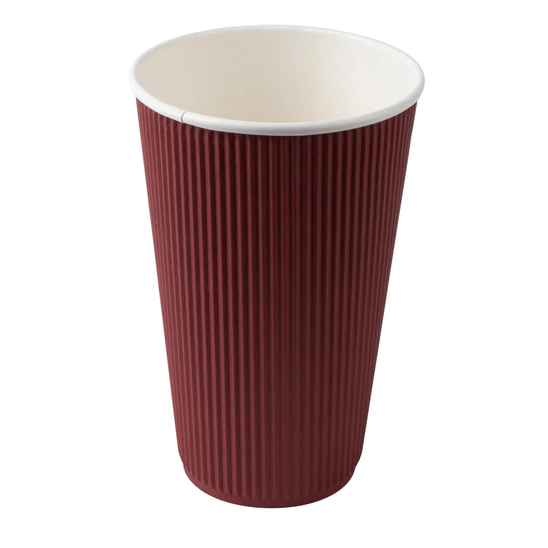 16 oz Crimson Paper Ripple Wall Coffee Cup - with White Lid - 3 1/2" x 3 1/2" x 6 1/4" - 20 count box