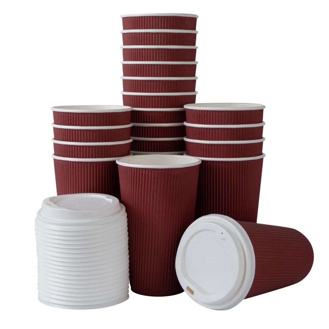 16 oz Crimson Paper Ripple Wall Coffee Cup - with White Lid - 3 1/2" x 3 1/2" x 6 1/4" - 20 count box