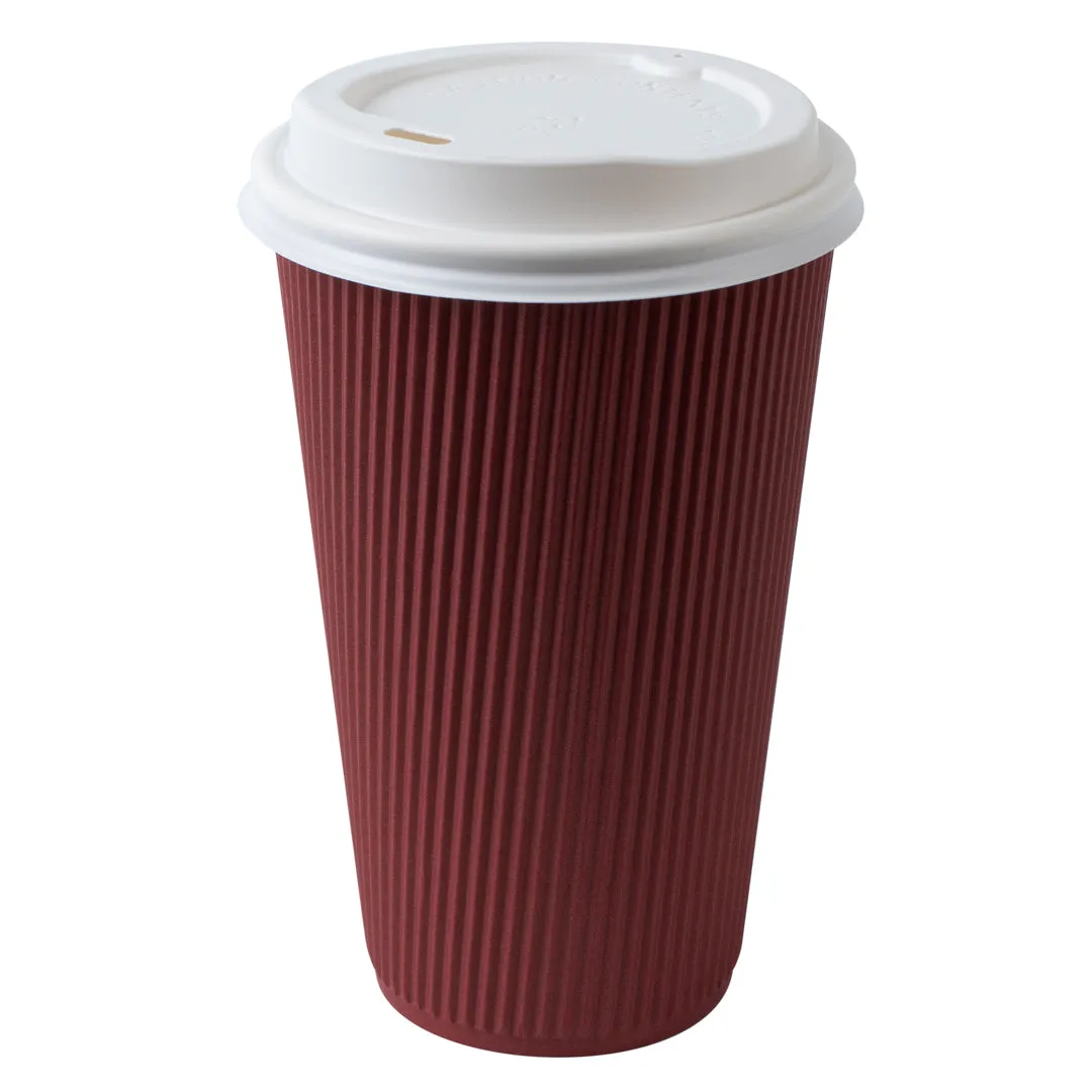 16 oz Crimson Paper Ripple Wall Coffee Cup - with White Lid - 3 1/2" x 3 1/2" x 6 1/4" - 20 count box