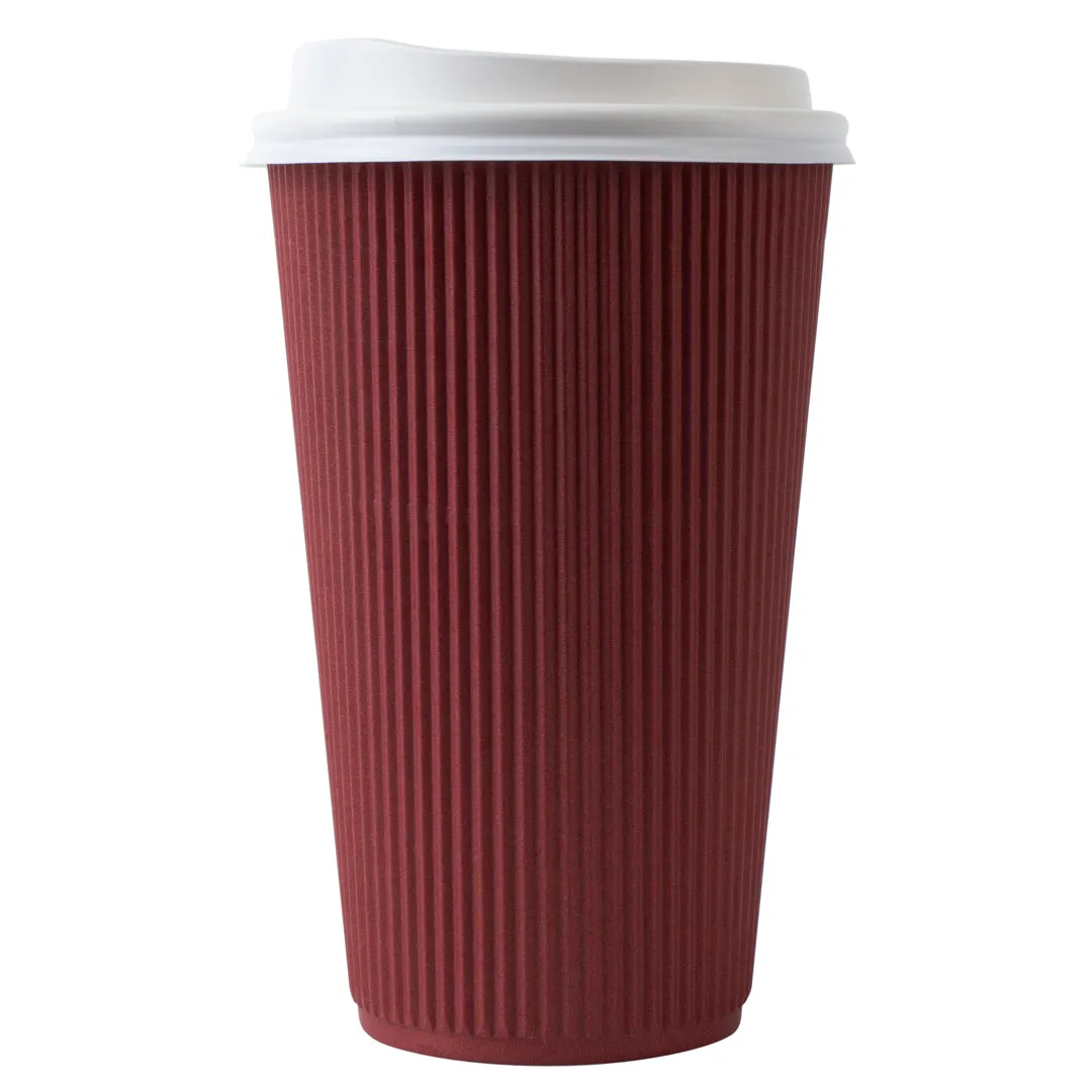 16 oz Crimson Paper Ripple Wall Coffee Cup - with White Lid - 3 1/2" x 3 1/2" x 6 1/4" - 20 count box