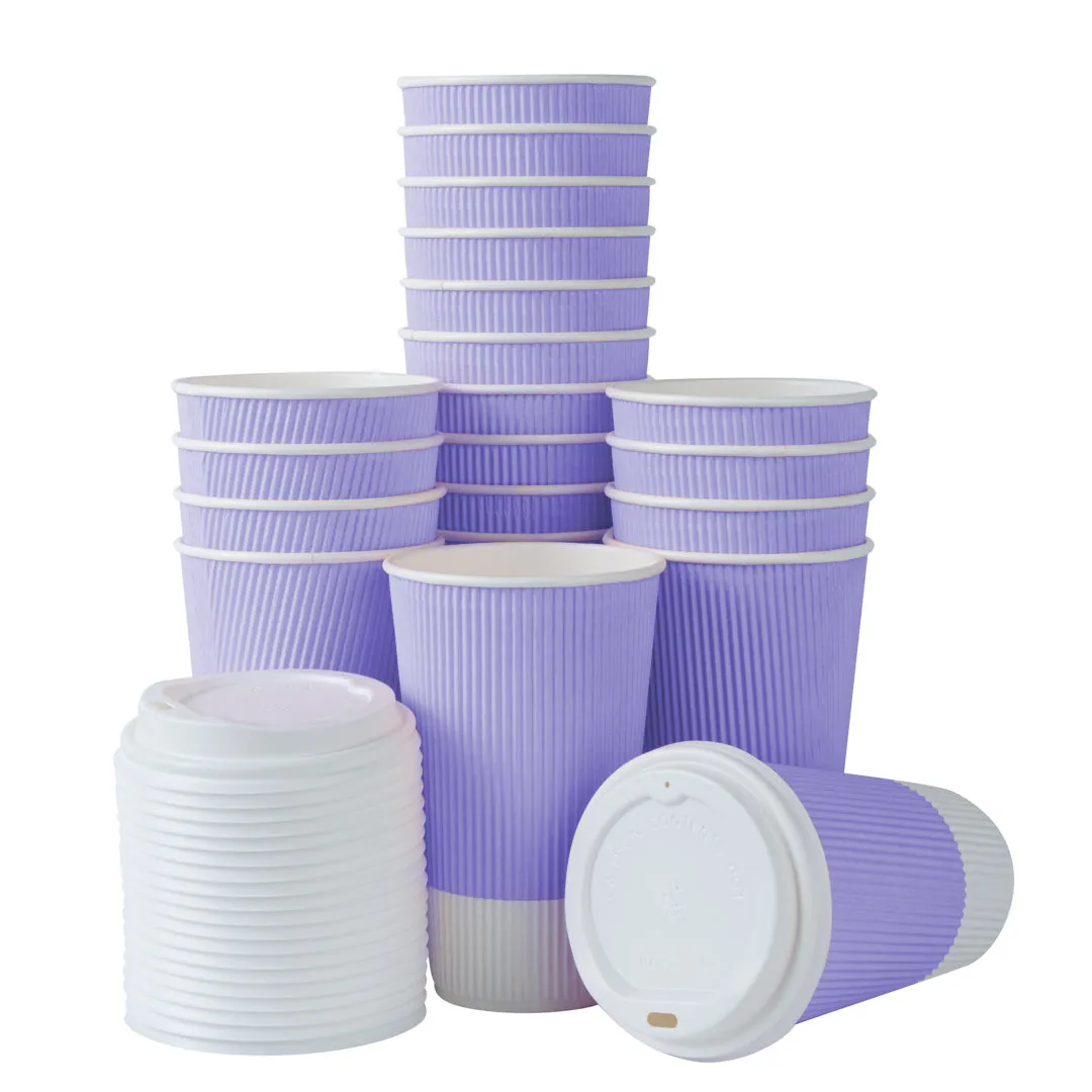 16 oz Light Purple Paper Ripple Wall Coffee Cup - with White Lid - 3 1/2" x 3 1/2" x 6 1/4" - 200 count box