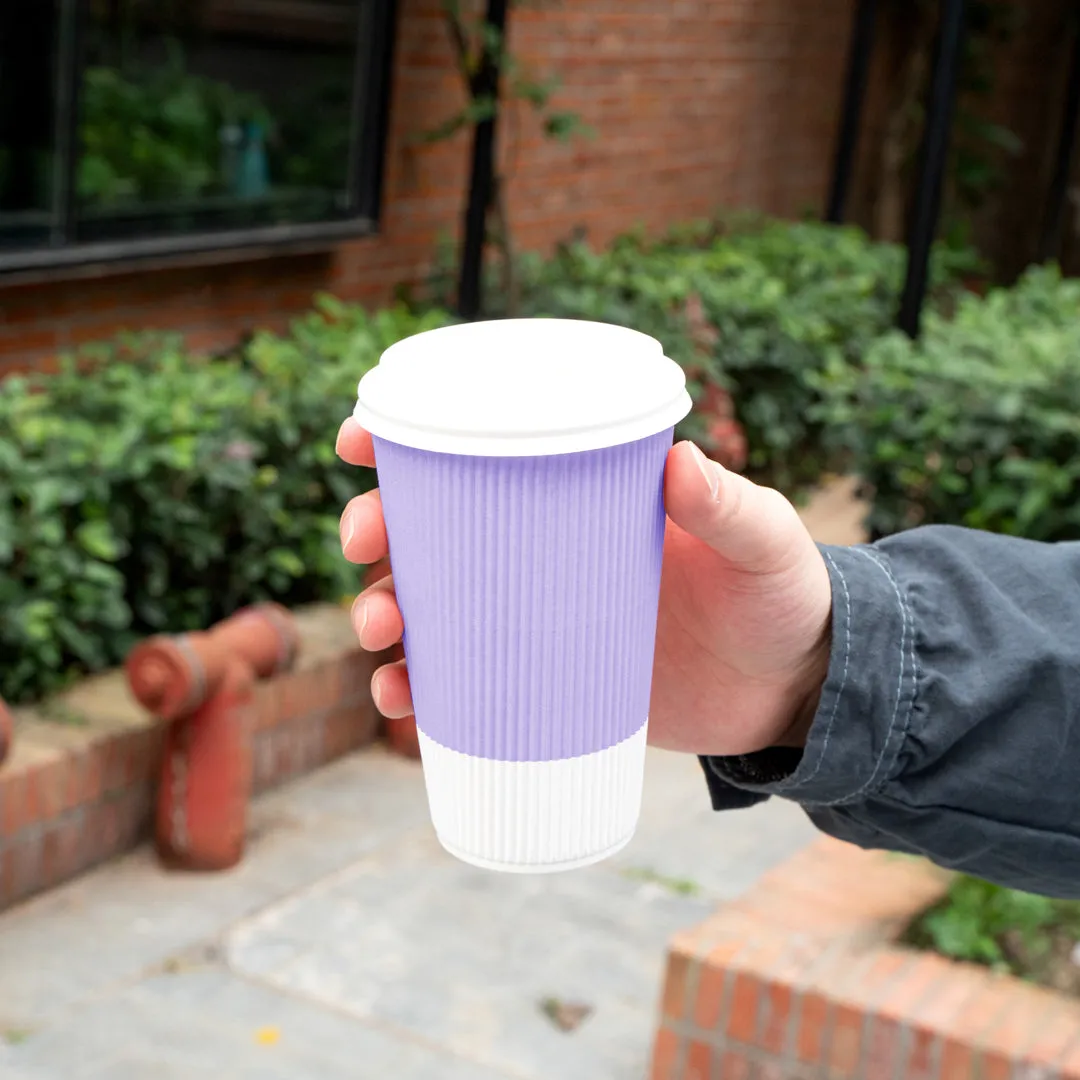 16 oz Light Purple Paper Ripple Wall Coffee Cup - with White Lid - 3 1/2" x 3 1/2" x 6 1/4" - 200 count box