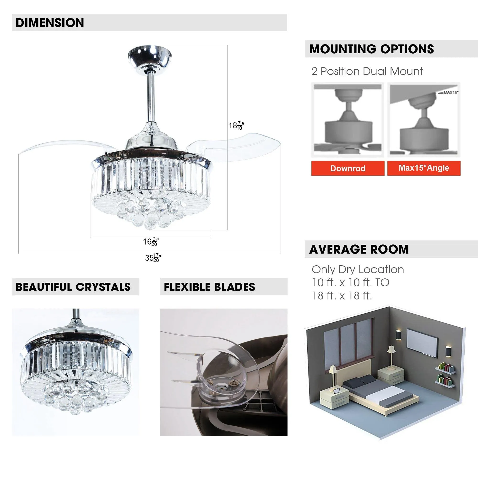 36" Broxburne Modern Chrome Downrod Mount Crystal Ceiling Fan with Lighting and Remote Control