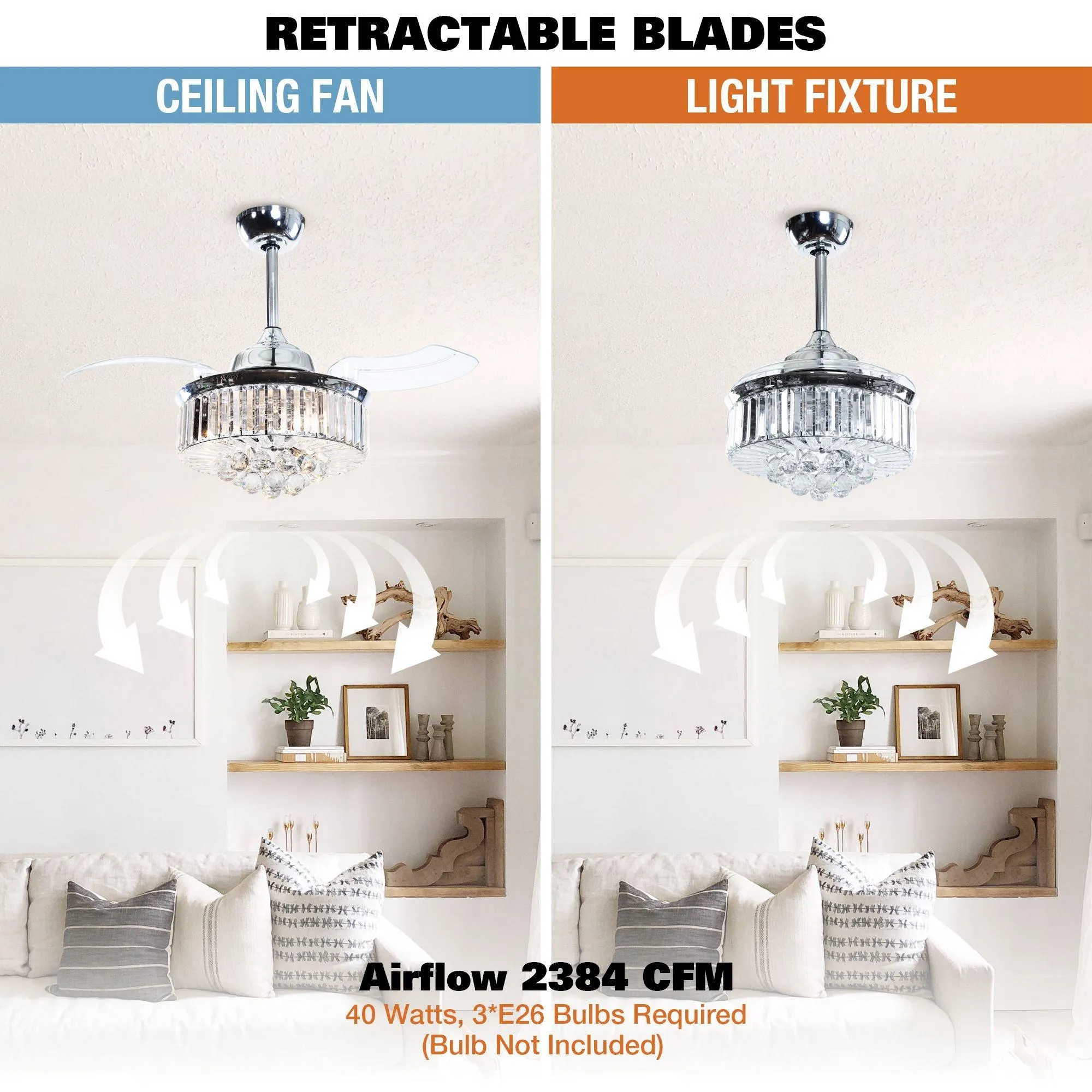 36" Broxburne Modern Chrome Downrod Mount Crystal Ceiling Fan with Lighting and Remote Control