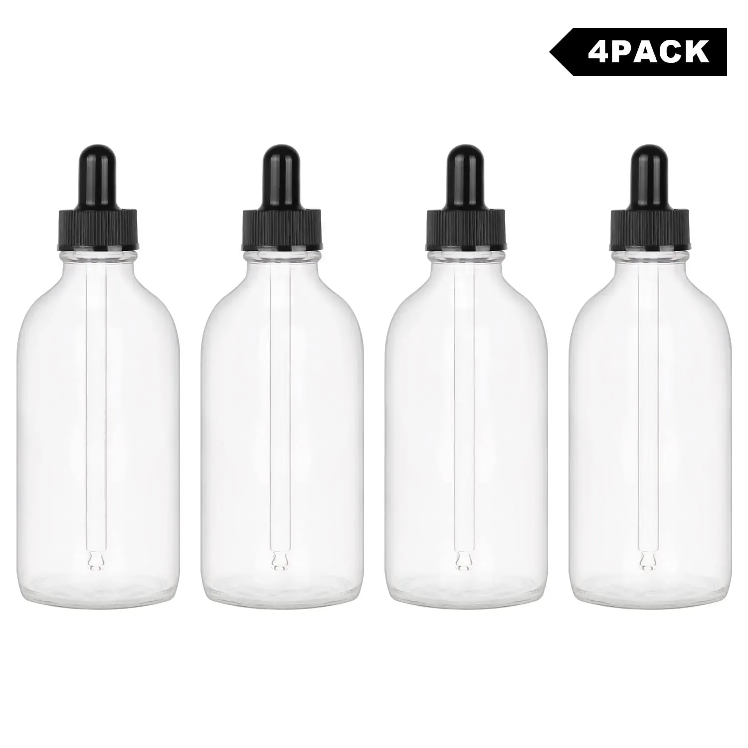 4 Pack Glass Dropper Bottle with Inner Plug and Label (120 ml, Transparent)