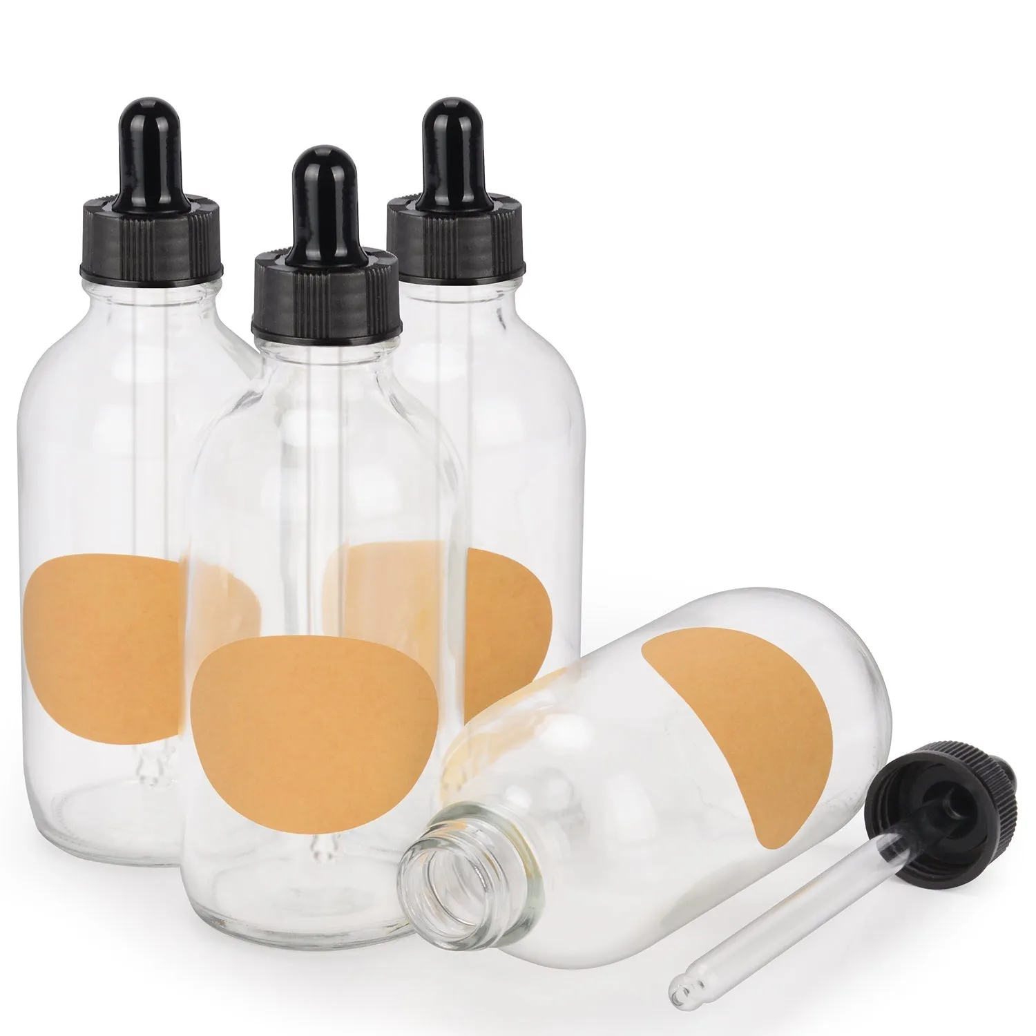 4 Pack Glass Dropper Bottle with Inner Plug and Label (120 ml, Transparent)