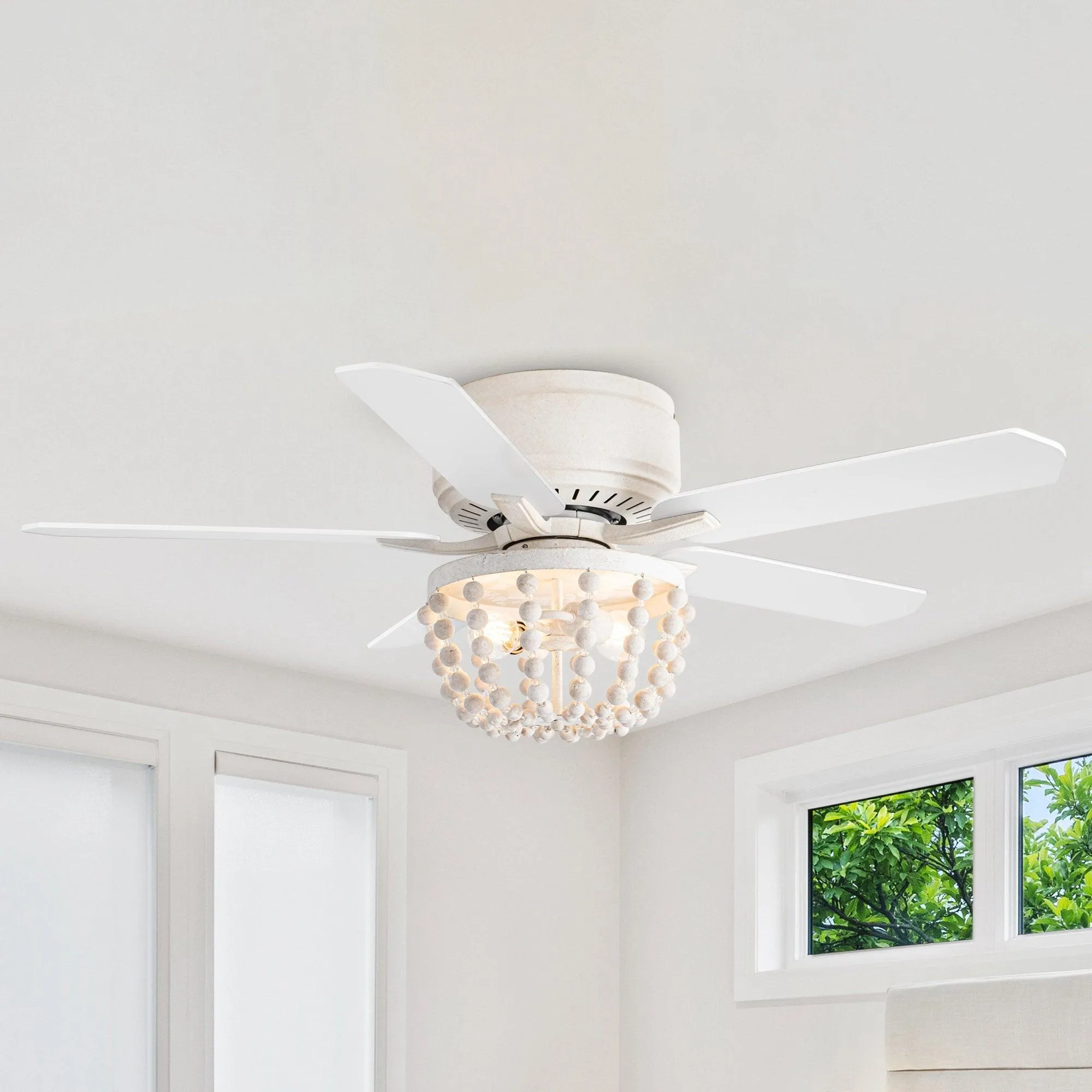 48" New Delhi Farmhouse Flush Mount Reversible Ceiling Fan with Lighting and Remote Control