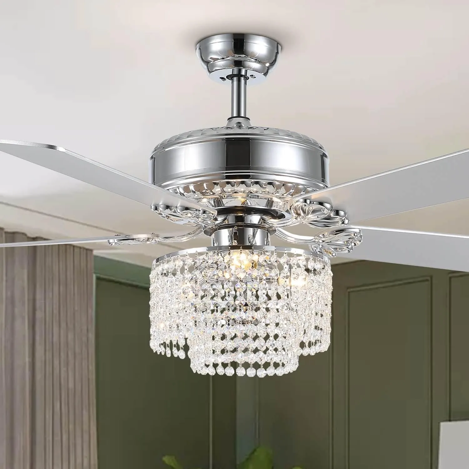 5 - Blade Raindrop Crystal Ceiling Fan with Remote Control