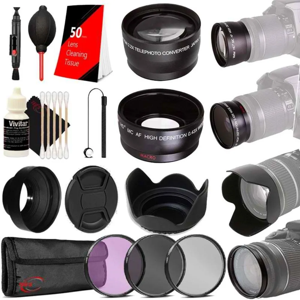 52MM Telephoto & Wide Angle Lens   3pc Filter Kit   Rubber Hood   Tulip Lens Hood   Lens Cap   Lens Cleaner   Dust Blower   50 Lens Tissue   Lens Cap Holder   3pc Cleaning Kit