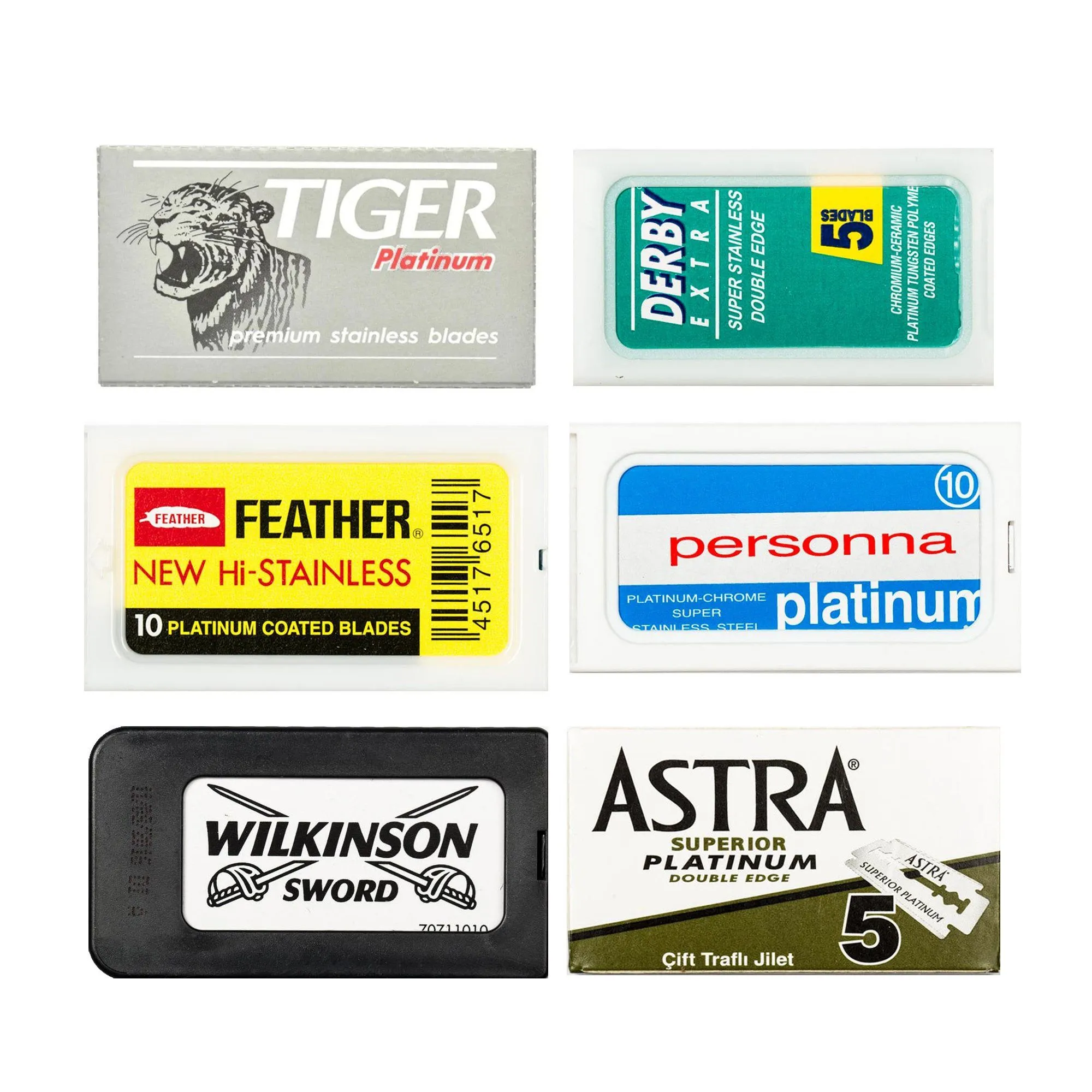 60pc Razor Blade Sampler: Astra, Derby, Feather, Personna, Wilkinson and Tiger Platinum