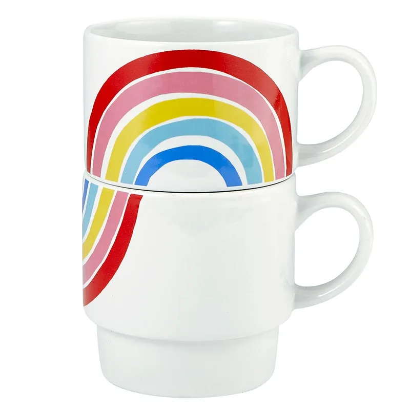 70s Rainbow Stacking Mug Set of 2 | Vintage Style GIftable 14 oz Mugs in Painted Ceramic