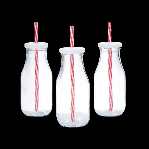 8 Oz Clear Glass Milk Bottles with Striped Straws