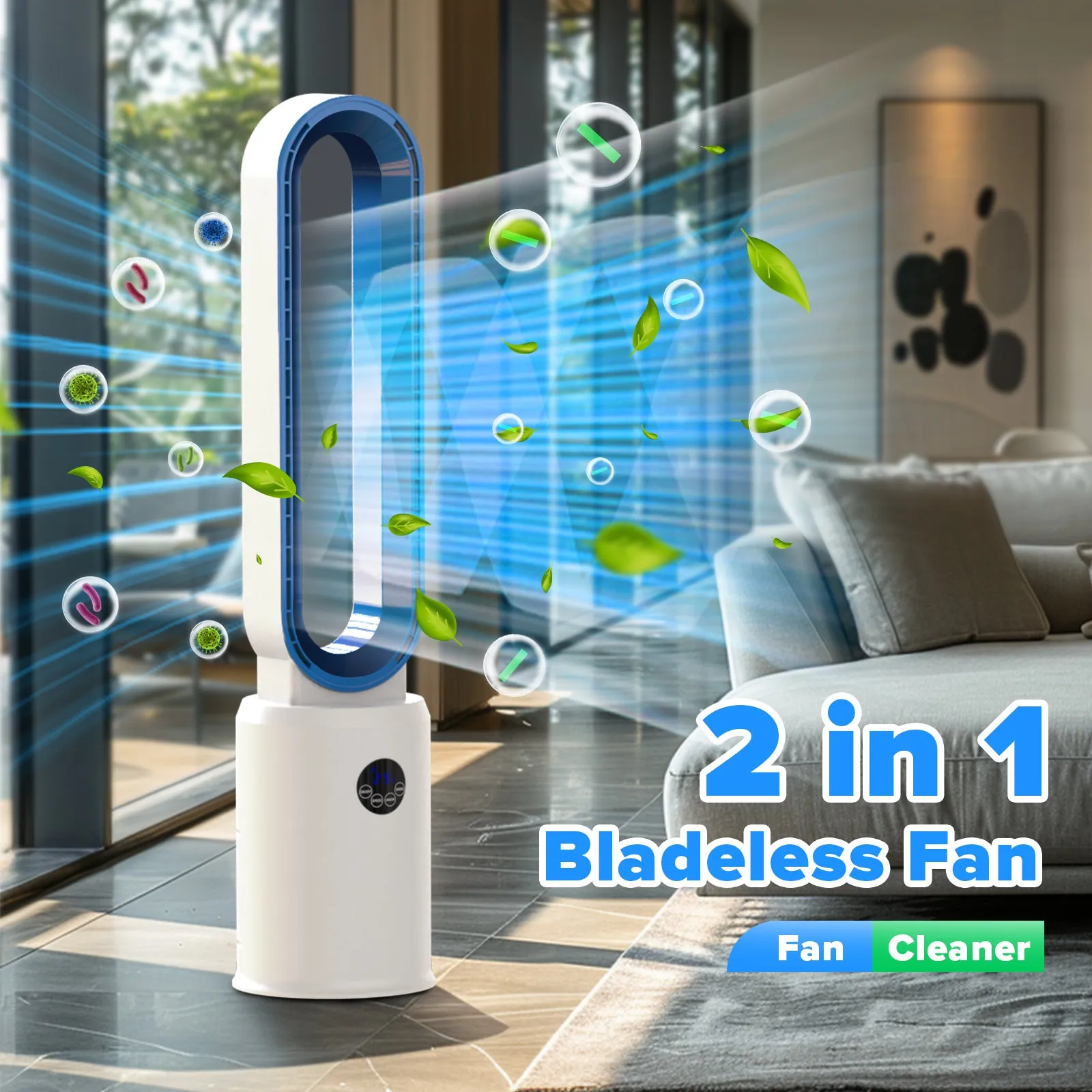 Advwin Bladeless Tower Fan Portable Electric White/Blue