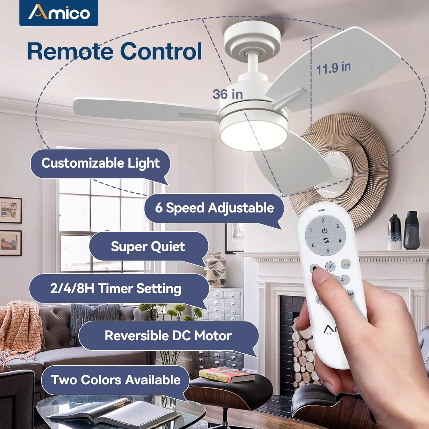 Amico 36/44/52 inch Ceiling Fan with Light and Remote Control, Reversible, 3CCT, Dimmable, Noiseless, Small White Ceiling Fan for Bedroom, Indoor/Outdoor Use