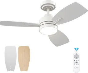 Amico 36/44/52 inch Ceiling Fan with Light and Remote Control, Reversible, 3CCT, Dimmable, Noiseless, Small White Ceiling Fan for Bedroom, Indoor/Outdoor Use