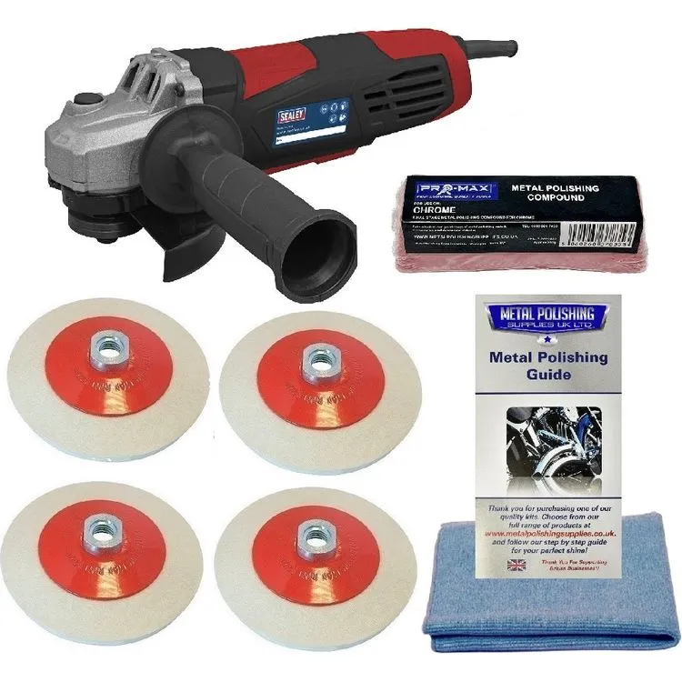 Angle Grinder Sealey 750W With Pro-Max 6pc Chrome Metal Polishing Kit