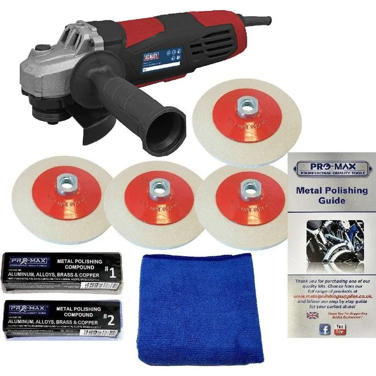 Angle Grinder Sealey 750W With Pro-Max 7pc Aluminium Alloy Metal Polishing Kit