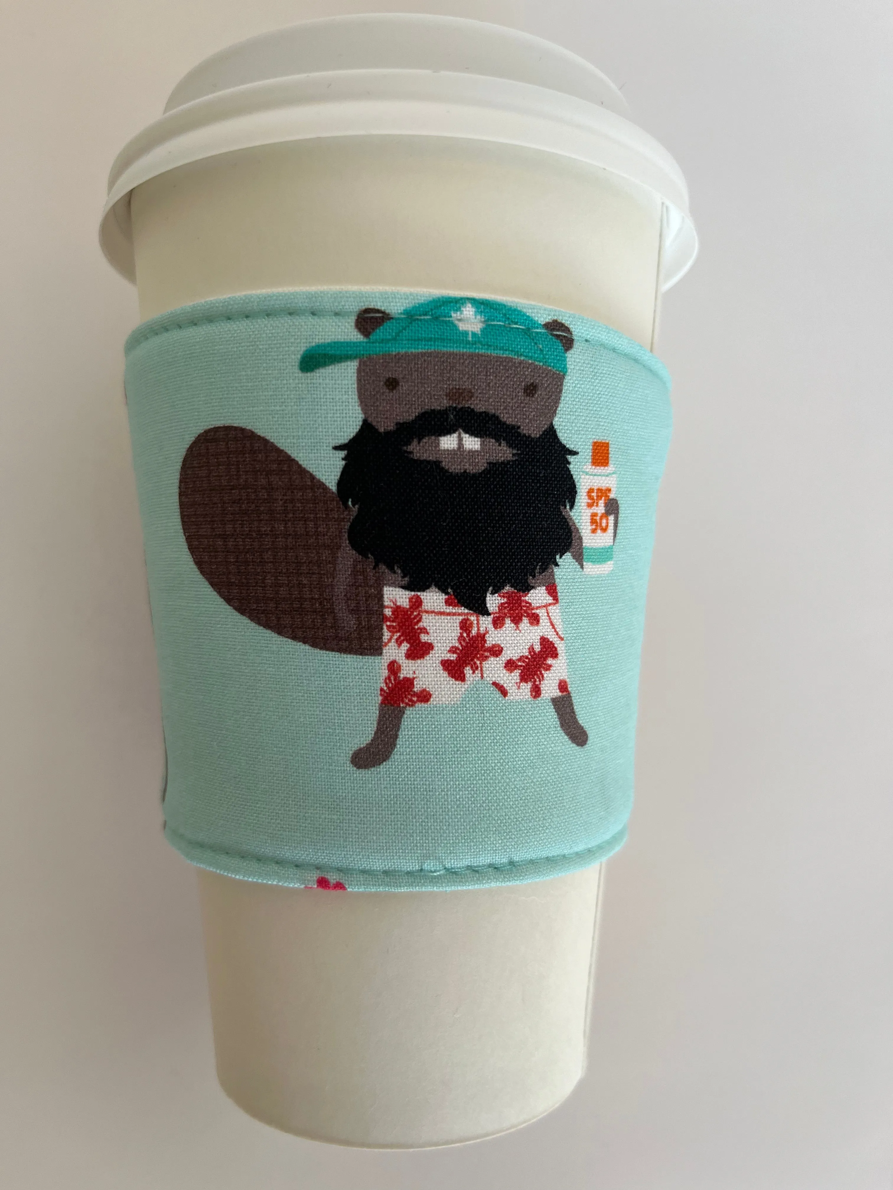 Beavers at the Beach Themed Coffee Cup Cozy, fabric coffee sleeve