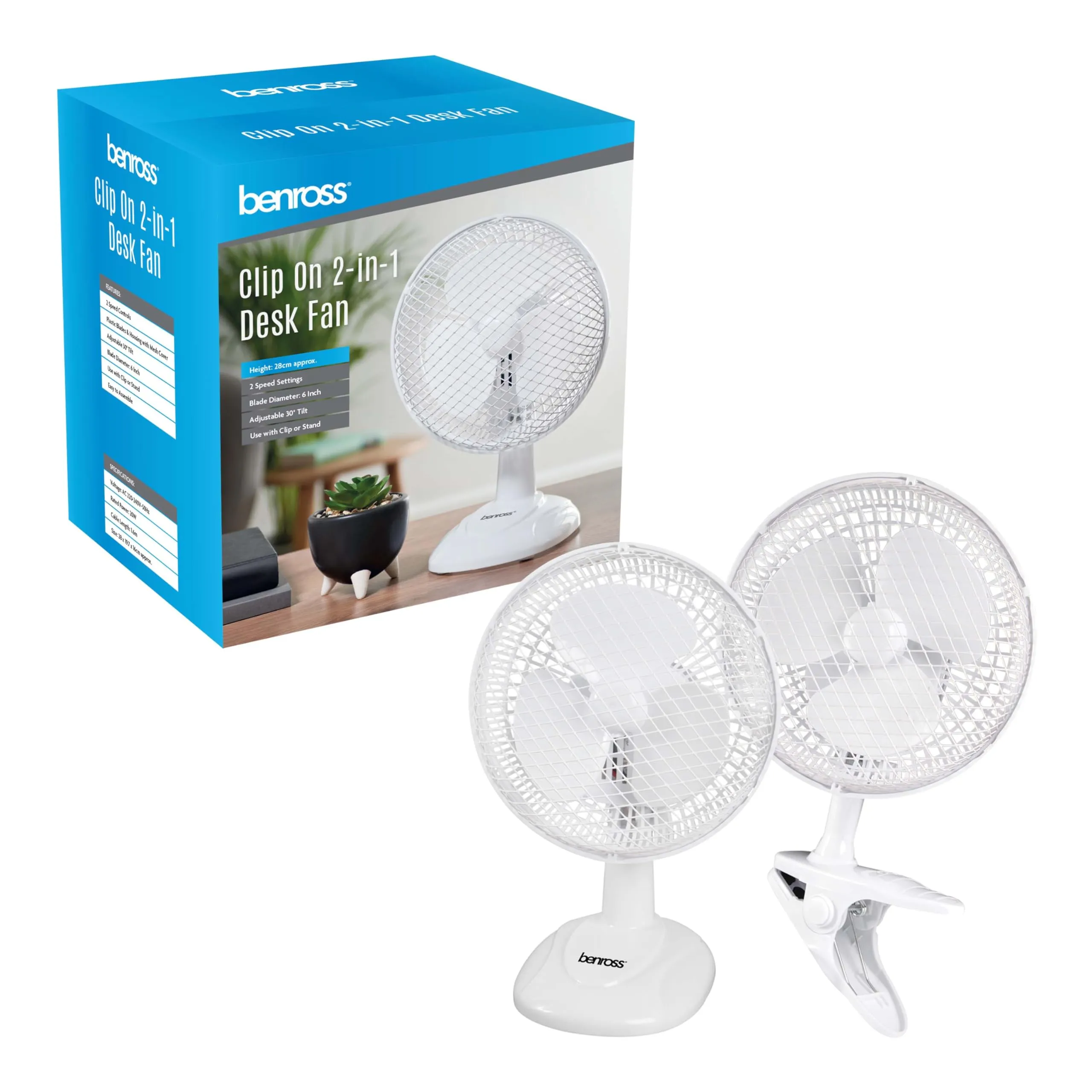 Benross 41240 2-In-1 Desk & Clip Fan 6 Inch, Clip To Any Surface, 20W, 2 Speeds