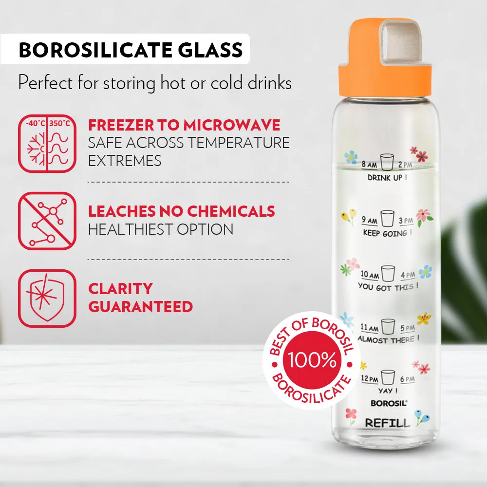 Borosil AM - PM Glass Bottle w Husk Lid, Orange