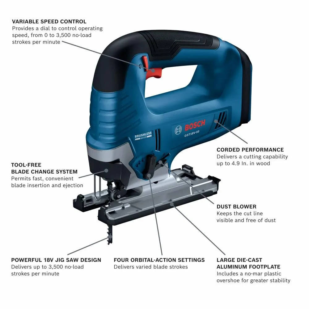 Bosch GST18V-50 18V Brushless Top-Handle Jig Saw (Tool Only)