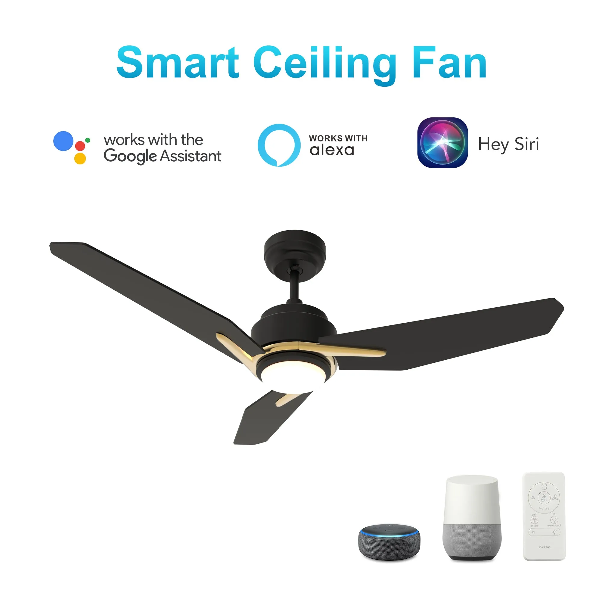 CALEN 52 inch 3-Blade Smart Ceiling Fan with LED Light Kit & Remote Control- Black/Black (Gold Detail)