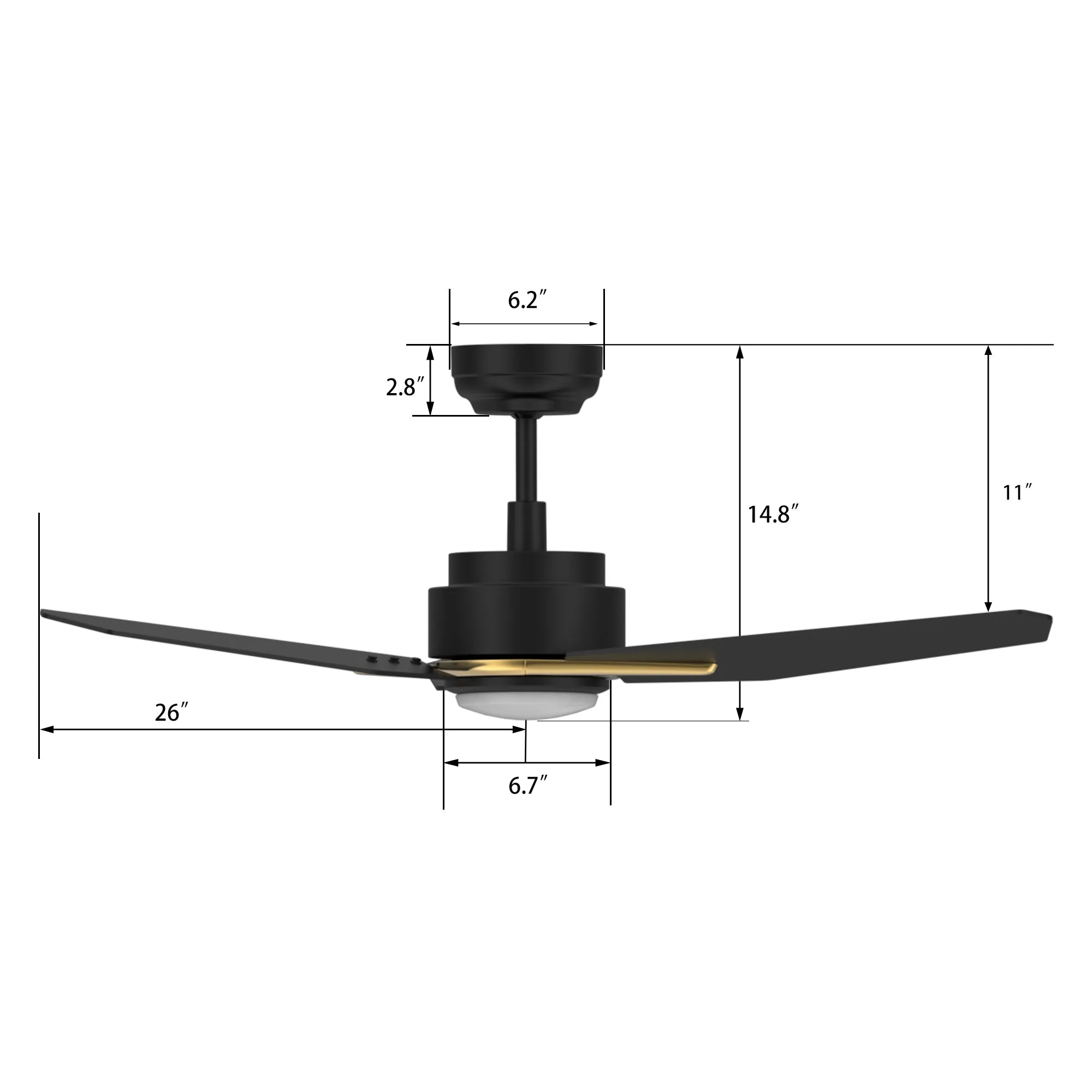 CALEN 52 inch 3-Blade Smart Ceiling Fan with LED Light Kit & Remote Control- Black/Black (Gold Detail)