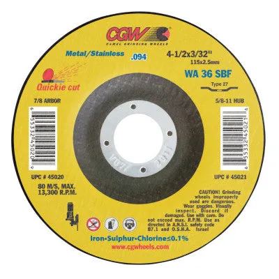 CGW Abrasives Thin Cut-Off Wheel, 4 1/2 in Dia, 3/32 in Thick, 7/8 Arbor, 36 Grit Alum. Oxide, 45020