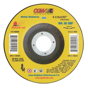 CGW Abrasives Thin Cut-Off Wheel, 4 1/2 in Dia, 3/32 in Thick, 7/8 Arbor, 36 Grit Alum. Oxide, 45020