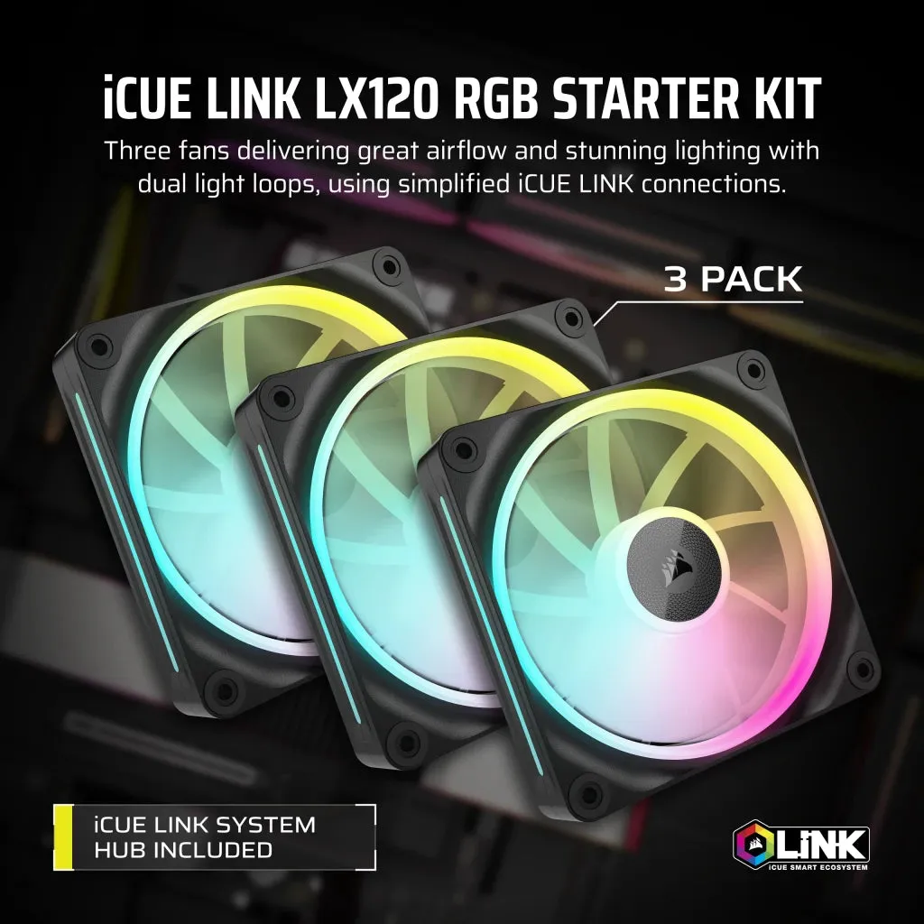 Corsair iCUE LINK LX120 RGB STARTER Black 120mm PWM PC Case Fan Triple Fan Kit (3件裝) (CO-9051026-WW)