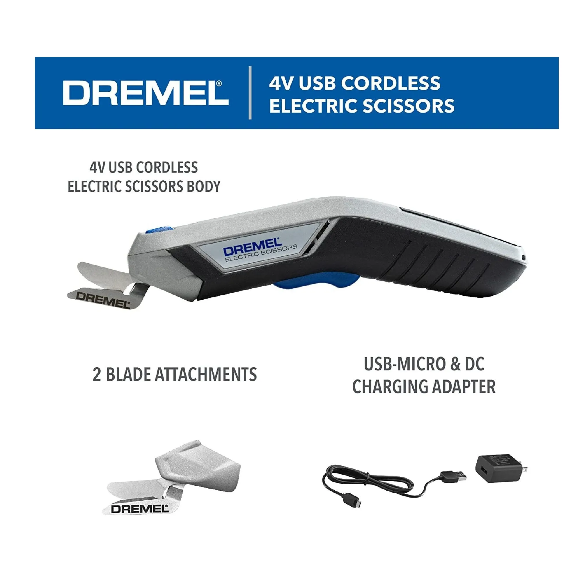 Dremel HSSC-01 4V Cordless USB Rechargeable Electric Scissors with Two Blade Attachments | USB cable and Power Brick