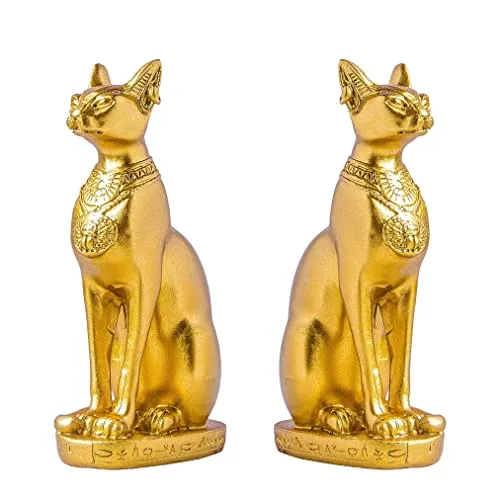 EASCHEER Egyptian Cat Goddess Bastet Statue 2PCS Collectibles Figurine Animal Statues Egyptian Décor(4.2 inches Gold)