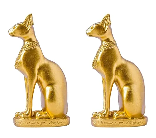 EASCHEER Egyptian Cat Goddess Bastet Statue 2PCS Collectibles Figurine Animal Statues Egyptian Décor(4.2 inches Gold)