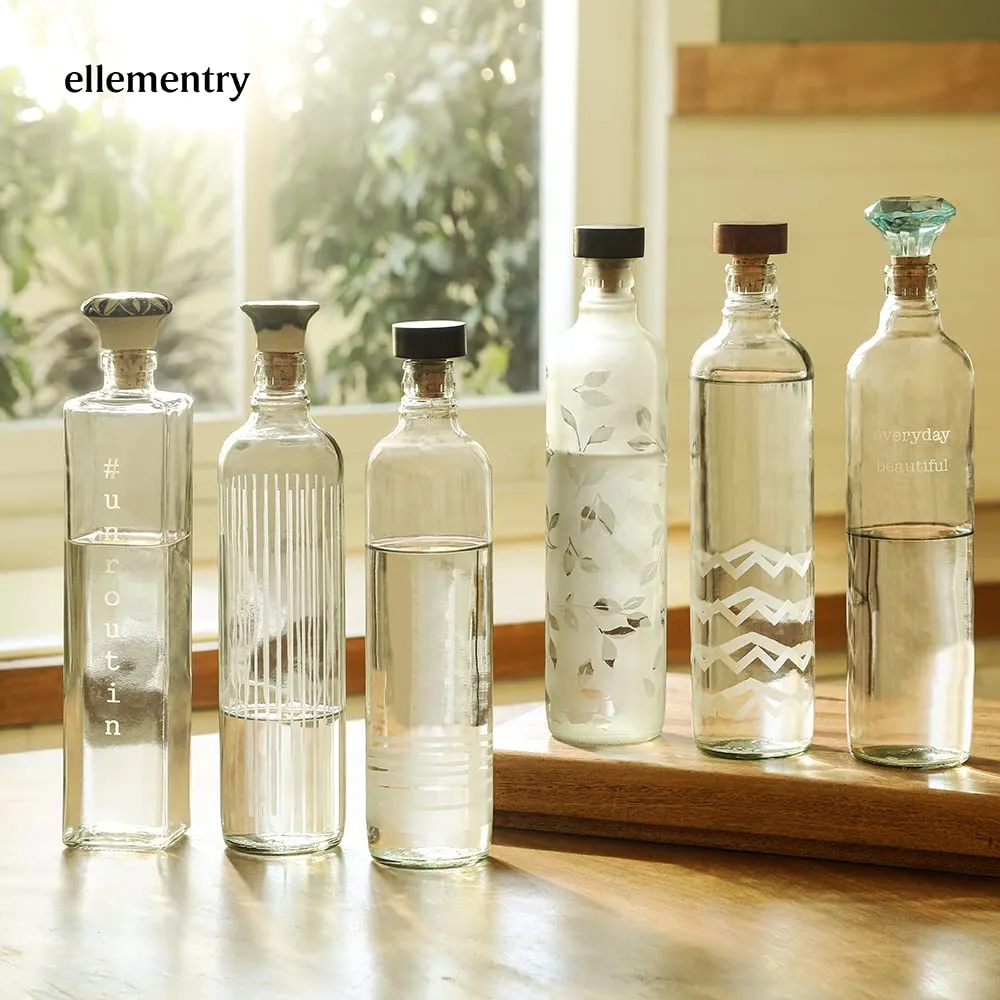 Ellementry crown glass bottle with tumbler| 750 ml | Clear | Water Bottle | Milk Bottle | Juice Bottle | Cocktail Bottle | Handcrafted | Sustainable | Food Safe | Form & Function | Set of 4