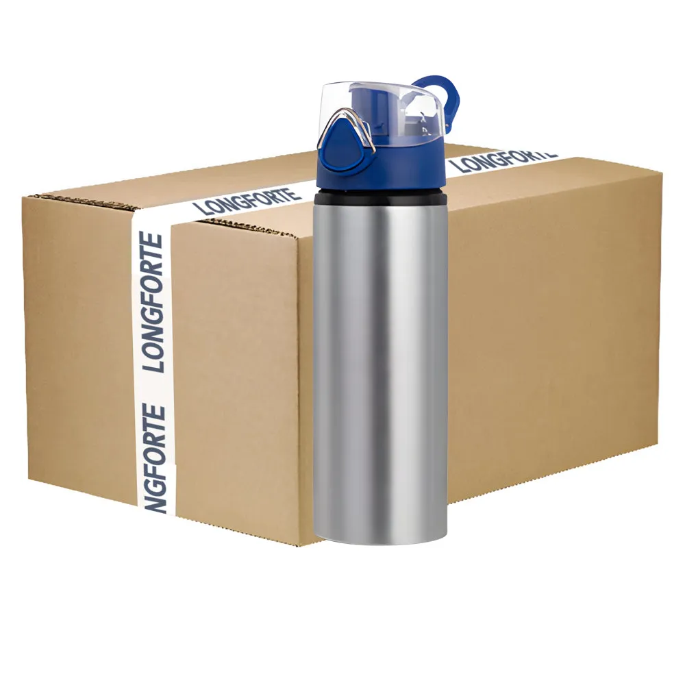 FULL CARTON - 60 x Water Bottles - BLUE - Coloured Flip Lid - 750ml - Silver