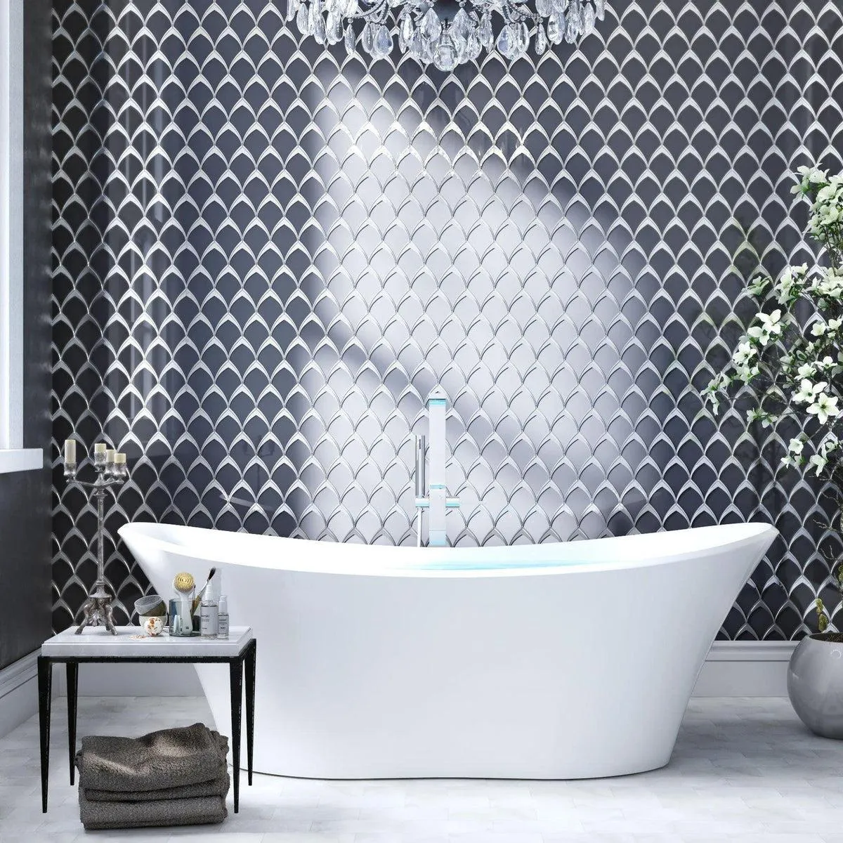 Gray Deco Fan Glass Mosaic Tile