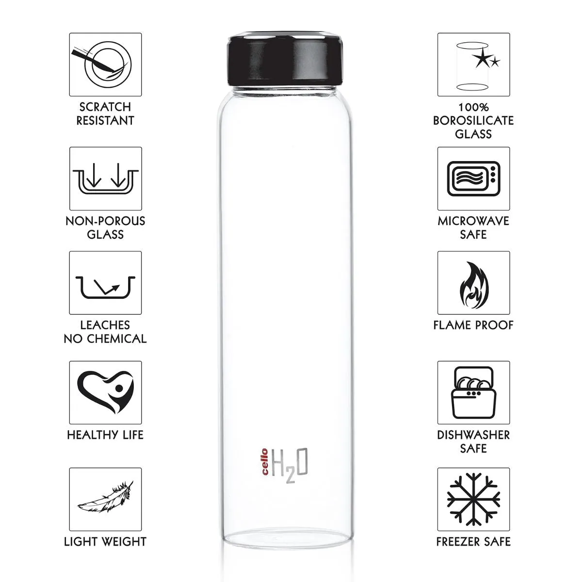 H2O Borosilicate Glass Water Bottle, 1000ml