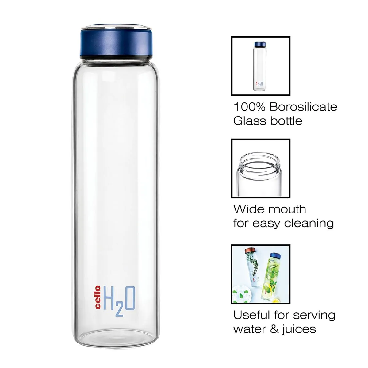 H2O Borosilicate Glass Water Bottle, 1000ml