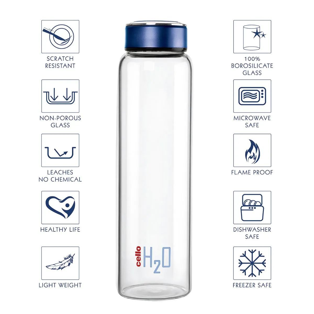 H2O Borosilicate Glass Water Bottle, 1000ml