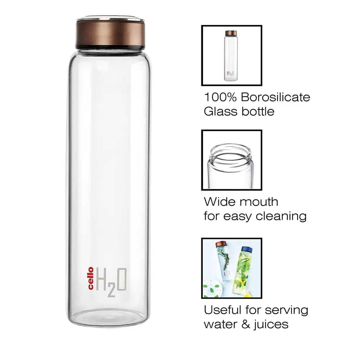 H2O Borosilicate Glass Water Bottle, 1000ml