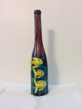 Hand-Painted Bottle by Haitian Artist Rose-Marie Lebrun 16.5"x2.5"x2.5" Six Yellow Fishes #2MFN