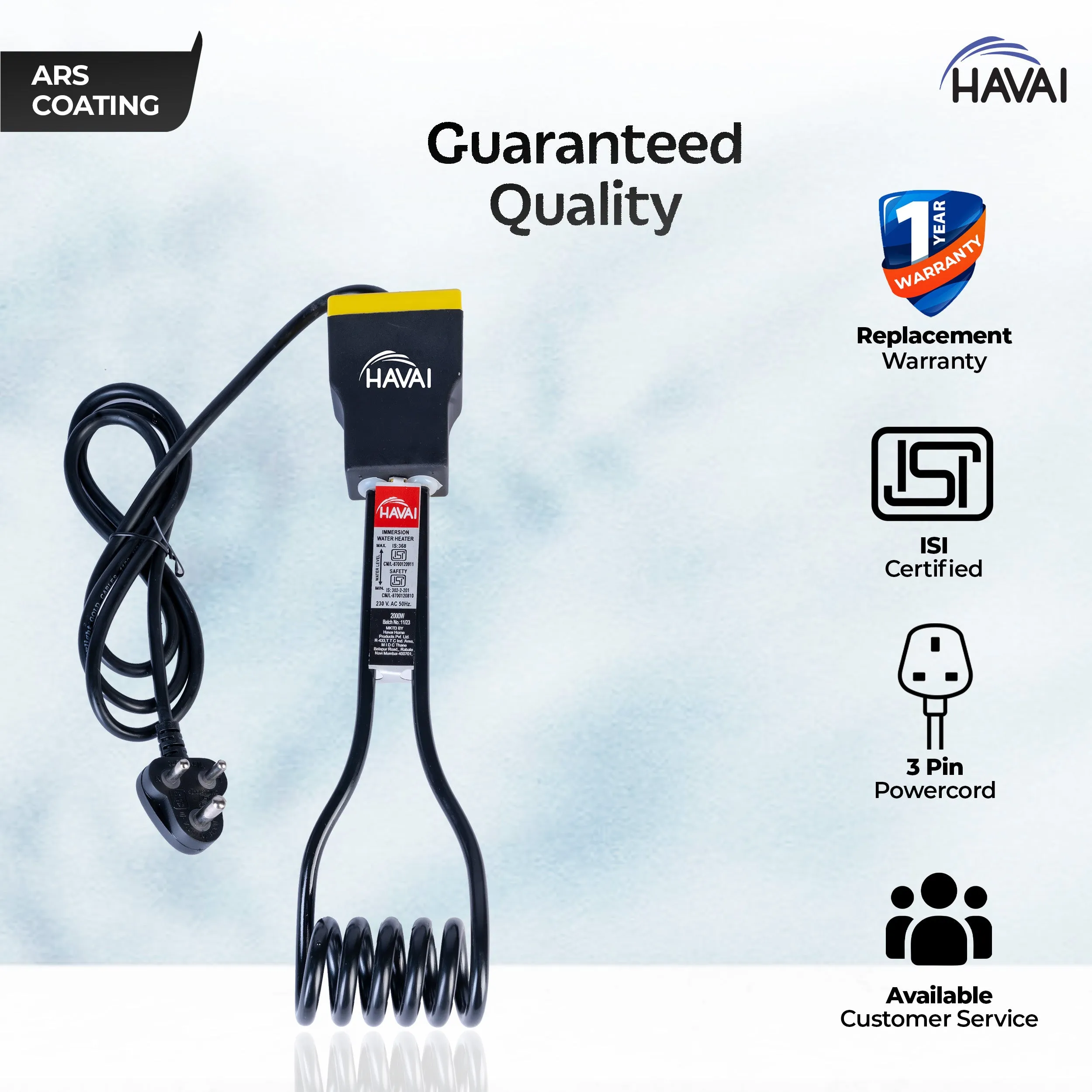 Havai Immersion Rod with ARS Coating | Salt Water Protection | Waterproof | Rust Resistant | ISI Certified 3 Pin Powerchord | Model Flat Yellow Handle | 1 Year Replacement Warranty (2000, Watts)