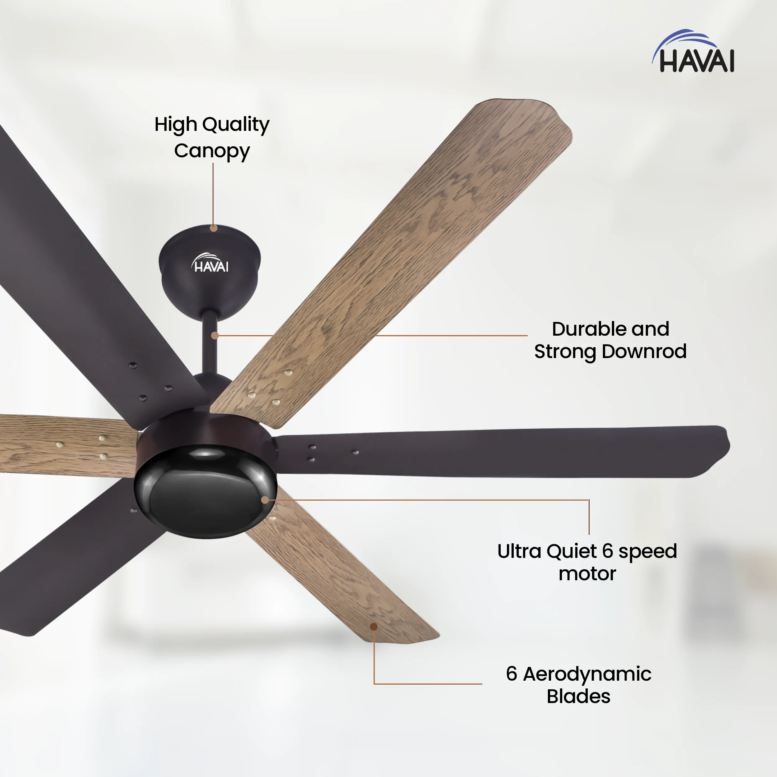 HAVAI Pristine Dualtone Range BLDC Ceiling Fan - 6 Blades - 35W, Ashwood and Smoke Brown 1200mm Blade with Remote (Black Motor – 0.5W LED)