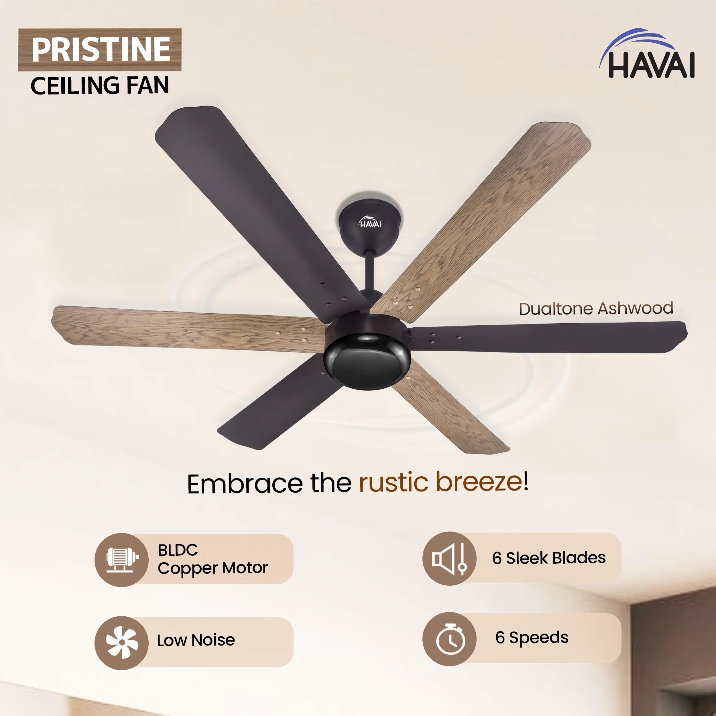 HAVAI Pristine Dualtone Range BLDC Ceiling Fan - 6 Blades - 35W, Ashwood and Smoke Brown 1200mm Blade with Remote (Black Motor – 0.5W LED)